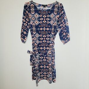 A.Byer Dress Teacher Office Women's Blue Aztec Print Medium 3/4 Sleeve Tie Belt